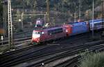 103 182-2 schleppt 101 051-1 mit Werbng für Fleisch und IC in Ulm im Oktober 2001.