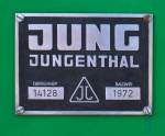 (Fabrikschild) Typenschild der Jung 14128:  Heute die D8 der der Brohltal Eisenbahn (BE), hier am 18.08.2011 in Brohl-L�tzing