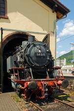   Die 64 006 (ex DB 064 006-0) schaut aus dem Lokschuppen heraus...
