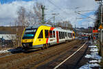 Der VT 260 (95 80 0648 160-9 D-HEB / 95 80 0648 660-8 D-HEB), ein Alstom Coradia LINT 41 der HLB (Hessische Landesbahn), verlässt am 15.03.2023, als RB 90  Westerwald-Sieg-Bahn  (Umlauf HLB 61713