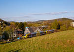   Zwei gekuppelte Alstom Coradia LINT 41 der neuen Generation der HLB (Hessische Landesbahn GmbH) fahren am 29.04.2017 in Neunkirchen-Struth�tten , als RB 96  Hellertalbahn  (Dillenburg - Haiger -