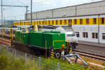 Die 295 049-1 (98 80 3295 049-1 D-BEG) der BE - Brohltal-Schmalspureisenbahn Betriebs-GmbH, ex DB 295 049-1, ex DB 291 049-5, ist am 17 Juni 2013 beim Betriebswerk der trans regio Deutsche Regionalbahn GmbH in Koblenz-Moselweiß abgestellt. Das Bild konnte ich einem Zug heraus machen. 

Die V 90 wurde 1976 von Arnold Jung Lokomotivfabrik GmbH in Jungenthal, Kirchen a.d. Sieg unter der Fabriknummer 14213 gebaut und als 291 049-5 an die Deutsche Bundesbahn geliefert. Die V90 war die vorletzte von Jung in Kirchen gebaute Lokmotive überhaupt. Im Jahr 2003 erfolgte der Umbau auf Funkfernsteuerung und die Umzeichnung in DB 295 049-1. Bei der DB Schenker Rail Deutschland AG war sie bis 2013 im Bestand, wurde aber am 04.11.2011 z-gestellt und am 07.03.2013 ausgemustert. Im März 2013 ging sie dann an die Brohltal-Schmalspureisenbahn Betriebs-GmbH.

Die Entwicklung der BR 291/295:
Im Jahre 1965 baute die MaK auf eigene Rechnung eine Serie von fünf Loks, die auf der V 90 basierten, jedoch statt des 12-Zylinder-V-Motors (MTU MB 12 V 652 TA 10) der V 90 einen hauseigenen 8-Zylinder-Reihenmotor mit Abgasturbolader vom Typ 8M 282 AKB erhielten. Dessen Leistung betrug abhängig von der eingestellten Drehzahl zwischen 1100 PS bei 930/min und 1400 PS bei 1100/min. Die Loks erhielten die Bezeichnung V 90 P. Der Hersteller erhoffte sich Aufträge von Privatbahnen und der Industrie, daher das „P“.

Die DB übernahm im August 1965 die V 90 P 03 und im letzten Quartal 1966 die beiden V 90 P 04 und V 90 P 05 als Mietloks zu Testzwecken. Deren Leistungen am Ablaufberg entsprachen so sehr den Anforderungen, dass eine Bestellung über hundert Maschinen erfolgte. Die DB erwarb die drei V 90 P im Juli 1972, nachdem sie sie bei der Umstellung auf Computernummern schon als Unterbaureihe 2919 eingereiht hatte.

Da sich die V 90 P aufgrund ihrer bundesbahntypischen Bordelektrik (110 V statt der bei NE-Bahnen üblichen 24 V), sowie ihrer konsequenten Auslegung für den schweren Rangierdienst nicht bei den Privatbahnen durchsetzen konnte, entwickelte MaK die V 90 P weiter zur MaK G 1600 BB, von welcher 16 Stück gebaut wurden.

Die Serienloks der BR 291 wurden von 1974 bis 1978 an die Deutsche Bundesbahn ausgeliefert. Bei der MaK in Kiel wurden davon die 291 001 bis 040, sowie die 291 051 bis 100 gebaut. Die Maschinen 291 041 bis 050 kamen dagegen aus Kirchen a.d. Sieg von Jung, die zugleich die letzten von dieser Fabrik gebauten Loks waren.

TECHNISCHE DATEN:
Spurweite: 1.435 mm
Achsanordnung: B'B'
Länge über Puffer: 14.320 mm
Breite: 3.100 mm
Drehzapfenabstand: 7.000 mm
Gesamtachsstand: 9.500 mm
Höchstgeschwindigkeit: 80 km/h Streckengang / 40 km/h Rangiergang
Dienstgewicht: 80 t
Anfahrzugkraft im Schnellgang:188 kN
Anfahrzugkraft im Langsamgang: 236 kN

Motorbauart: MaK 8-Zylinder- Viertakt-Diesel- Reihenmotor mit Abgasturbolader
Motortyp: 8M 282 AKB
Leistung: 1030 kW / 1400
Dauerleistung: 800 kW (1100 PS)
Nenndrehzahl: 950 U/min
Hubraum: 101 l (Bohrung Ø 240 mm x 280mm Hub)
Motorengewicht: 8.990kg

Getriebe und Leistungsübertragung:
Das hydraulische Getriebe von Voith hat zwei Wandlergänge. Ein mechanisches Nachschaltgetriebe ermöglicht die Wahl zwischen einem Schnell- und einem Langsamgang sowie den Wechsel der Fahrtrichtung. Um feinfühlige Langsamfahrten zu ermöglichen, hat das Getriebe eine stufenlos regelbare Wandlerteilfüllung. Die Leistungsübertragung auf die Achsgetriebe erfolgt dann über Gelenkwellen
