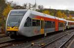 Der VT 118 ein Stadler GTW 2/6 der Hellertalbahn abgestellt am 03.11.2012 im Bahnhof Betzdorf/Sieg.