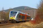   Der VT 118 (95 80 0946 418-0 D-HEB / 95 80 0646 418-3 D-HEB / 95 80 0946 918-9 D-HEB) ein Stadler GTW 2/6 der Hellertalbahn f�hrt am 16.03.2015 als RB 96  Hellertal-Bahn  (Neunkirchen - Herdorf -