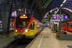   Der fünfteilige Stadler FLIRT 429 050 / 429 550 der HLB (Hessische Landesbahn) steht am 27.12.2015 im Hbf Frankfurt am Main auf Gleis 15, als RE 98  Frankfurt Hbf - Gießen  - Kassel Hbf