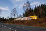   Der VT 503 (95 80 1648 103-7 D-HEB / 95 80 1648 603-6 D-HEB) der HLB (Hessische Landesbahn GmbH), ein Alstom Coradia LINT 41 der neuen Generation / neue Kopfform, fährt am 06.02.2016, als RB 93