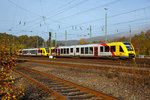   Zwei Alstom Coradia LINT 41 der neuen Generation / neue Kopfform,  der HLB (Hessische Landesbahn GmbH) stehen am 01.11.2016 in Betzdorf/Sieg in der Bereitstellung.