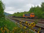   Die Lok 43 (92 80 1273 018-2 D-KSW)  der KSW (Kreisbahn Siegen-Wittgenstein) eine MaK G 2000 BB hat mit ihrem langen Übergabezug am 02.05.2014 auf Gleis 4 im Bahnhof Herdorf noch Hp 0, bevor