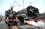 Lok Luci vom Bayerischen Eisenbahnmuseum Nördlingen und 18 201 bei der Jubiläumsausstellung 150 Jahre Deutsche Eisenbahn in Nürnberg am 18.08.1985.
