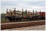 Vierachsiger 750mm-Schmalspur-Drehgestell-Flachwagen mit Rungen der Gattung HHw der Fichtelbergbahn (SDG Sächsische Dampfeisenbahngesellschaft mbH) Betriebsnummer 97-25-62, abgestellt am