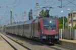 Railjet 1116 250 schiebt ihren Zug mit hoher Geschwindigkeit durch die Haltestelle von Wien-Baden in Richtung Wiener Hauptbahnhof.
