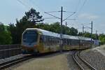 Schmalspur N�VOG Triebwagen ET 5 der Mariazellerbahn hat den Bahnhof von St. P�lten in Richtung Mariazell verlassen. 03.06.2023