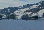 Schnee von Gestern: eine BLS Re 4/4 zieht bei Boltigen ihren  GoldenPass  RE von Interlaken nach Zweisimmen.