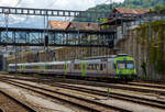 Ein BLS NPZ ist am 28.05.2023 beim Bahnhof Spiez abgestellt.
