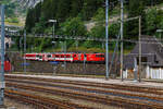 Der Elektrische Zahnradgepäcktriebwagen für gemischte Zahnrad- und Adhäsionsbetrieb MGB Deh 4 /4 II - 93 „Oberwald“, ex FO Deh 4/4 II – 93, kommt am 02 August 2019 mit