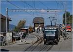 Die MOB Ge 4/4 8003 auf dem Weg nach Montreux beim Halt in Chamby und im Hintergrund die RhB Ge 2/2 161 bei der Blonay-Chamby Bahn.