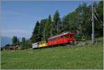 Ein kleiner Zug auf grosser Fahrt: Der RhB Bernina Bahn ABe 4/4 I N° 35 der Blonay Chamby Bahn ist mit dem Bernina Bahn As2 und dem MOB B4 N° 61 (beide auch Blonay-Chamby) als  Valrose