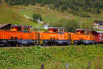 Alle drei ehemaligen dieselelektrische Rangierlokomotive der Rhätischen Bahn - RhB Gm 3/3 – 231bis 233 sind nun bei der - DFB Dampfbahn Furka-Bergstrecke AG. Hier stehen sie aufgereiht noch in der originalen RhB-Lackierung am 07 September 2021 in Realp (Uri) bei der DFB Dampfbahn Furka-Bergstrecke AG, aufgenommen aus einem fahrenden MGB-Zug heraus.

Die Gm 3/3 ist eine dreiachsige dieselelektrische Rangierlokomotive ehemals der Rhätischen Bahn (RhB). Die drei Maschinen mit den Betriebsnummern 231 bis 233 wurden zwischen 1975 und 1976 in Betrieb genommen.

Gemäß der ursprünglichen Idee sollte der Hersteller, die französische Firma Moyse /Locotracteurs Gaston Moyse), die meisten Baugruppen aus der Serienproduktion eines französischen Loktyps übernehmen. Die vielen Sonderwünsche der RhB – MTU-Dieselmotor, Vakuumbremse, Vielfachsteuerung, Führerstandseinrichtung nach RhB-Norm, erzwangen jedoch umfangreiche Änderungen und verzögerten die Lieferung der Anfang 1974 bestellten Fahrzeuge erheblich. Typenbezeichnung Moyse ist Type CF 33 EPA 500 MTL, die RhB 231 wurde 1975 unter der Fabriknummer 3553 gebaut, 1976 folgten die RhB 232 unter der Fabriknummer 3554 und die RhB 232 unter der Fabriknummer 3555.

Die Stundenleistung der maximal 55 km/h schnellen und 34 t schweren Lokomotiven beträgt 220 kW am Rad. Der Antrieb erfolgt durch einen MTU V 6-Zylinder-Dieselmotor (MTU 6 V 331 TC10) mit 386 kW (525 PS) Leistung, dieser treibt den Hauptgenerator an, welcher den elektrischen Gleichstrom-Fahrmotor elektrischen. Das Drehmoment wird vom Fahrmotor auf das nachgeschaltete Getriebe übertragen, hier kann zwischen Rangier- und Streckengang gewechselt werden. Die 3 Radsätze werden mittels Kardanwellen vom Getriebe auf die Achsgetriebe angetrieben.

Haupteinsatzgebiet dieser diesel-elektrischen Adhäsionslokomotiven bei der RhB war der Rangierdienst in Landquart, Chur und Untervaz. Dank ihrer hohen Anfahrzugkraft (im Rangiergang 153 kN) und der möglichen Doppeltraktion eigneten sich die robusten Fahrzeuge auch für den schweren Bauzugdienst. Schneeräumfahrten, gemeinsam mit der kleinen Schneeschleuder Xrotm 9216 oder der großen Xrotmt 9217, gehörten ebenfalls zum Einsatzprogramm bei der RhB. Ab Herbst 2020 wurden die drei Loks nur noch als Reserve vorgehalten, im Februar 2021 wurden sie aus dem Betrieb genommen und stillgelegt. Mitte April 2021 wurden alle drei Lokomotiven dann an die Dampfbahn Furka Bergstrecke verkauft.

Bei der DFB:
Für den schweren Rangierdienst in Realp sowie für Baulogistikfahrten im Furka-Scheiteltunnel ist die DFB auf eine leistungsfähige und zuverlässige Adhäsions-Diesellok angewiesen. Bis dahin wurde dafür die von Jung gebaute Gm 4/4 71  Elch  eingesetzt. Seit der Übernahme dieser Lok von der Matterhorn Gotthard Bahn (MGB) im Jahr 2014 hat dieses Fahrzeug den ordnungsgemäßen Unterhalt erfahren. Im Winter 2021/2022 wurde jedoch an dieser inzwischen 55-jährigen Lok eine aufwendige Totalrevision nötig.

Gleichzeitig wurde bekannt, dass die Rhätische Bahn (RhB) ihre drei Gm 3/3 231 bis 233  Moyse  durch Neufahrzeuge ersetzt, so wurde seitens der DFB Ende 2018 das Interesse an diesen Lokomotiven bekundet. Anlässlich der Verhandlungen im ersten Quartal 2021 wurden der DFB AG zwei Lokomotiven zugesagt. Als der dritten Lok die Verschrottung drohte, ergab sich für die DFB die Gelegenheit, auch diese zwecks erweiterter Ersatzteilhaltung zu übernehmen. Die Überführung (ob aus eigener Kraft ist mir unklar) der drei Gm 3/3 durch die RhB von Landquart nach Disentis/Mustér erfolgt am frühen Morgen des 12. April 2021. Am Tag darauf wurden die drei  Moyse  einzeln durch die MGB, jeweils in einen MGB-Personenzug direkt hinter einer HGe 4/4 II (gemischte  Zahnrad- und Adhäsionslokomotive) eingestellt. Die RhB Gm 3/3sind ja reine Adhäsionsloks, zwischen Disentis und Andermatt bzw. Realp gibt es ja Zahnstangeabschnitte mit bis zu 120 ‰ Neigung.

Danach ging die Dieselcrew der DFB an die Bereitstellung der ersten Gm 3/3. Am 28. Dezember 2021 konnte die Gm 231 für den Betrieb freigegeben werden. An diesem Tag und an den beiden nachfolgenden Tagen wurden theoretische und praktische Fahrzeugschulungen durchgeführt. Aktuell sind acht Lokführer auf den Gm 3/3 instruiert, weitere Schulungen werden folgen.

Danach galt es, Erfahrungen im Schneeräumeinsatz im Bahnhof Realp mit der Xrotm 9216  Schleuderina  zu sammeln. Die Gm 231 kommt außerdem für schwere Rangiermanöver zum Einsatz. Inzwischen hatten auch die Arbeiten zur Wiederinbetriebnahme der Gm 233 begonnen. Mit zwei betriebsbereiten Loks wird die Dieselcrew die Traktionsbedürfnisse auf den Adhäsionsabschnitten ohne Zahnstange flexibel abdecken können. Die Gm 232 bleibt bis auf weiteres außer Betrieb.

Status der Gm 3/3: 
Lok 231 und 233: in Betrieb
Lok 232 abgestellt (Reserve/Ersatzteilspender) 
Die UIC-Fahrzeugnummern sind 90 85 822 0231-7, 0232-5 und 0233-3.

TECHNISCHE DATEN:
Spurweite: 	1.000 mm (Meterspur)
Achsformel: C
Länge über Puffer: 7.960 mm
Achsabstände: 1.935 mm / 2.265 mm = 4.200 mm
Breite: 2.700 mm
Höhe: 3.560 mm
Dienstgewicht: 34 t
Höchstgeschwindigkeit:  55 km/h (35 km/h im Rangiergang)
Dauerleistung Dieselmotor: 386 kW (525 PS), 
Motordrehzahl: max. 2.000 U/min
Dauerleistung am Rad: 220 kW (300 PS)
Anfahrzugkraft: 153 kN (Rangiergang) / 61 kN (Streckengang)
Stundenzugkraft: 83.4 kN (Rangiergang) / 34.3 kN (Streckengang)
Treibraddurchmesser: 	920 mm (neu)
Motor: MTU V 6-Zylinder-Dieselmotor vom Typ 6V 33 1 TC10 
Antrieb: Dieselelektrisch (Drehmomentübertagung siehe Text)
Anhängelast:  35-500 t im Streckengang je nach Neigung (nur Adhäsion)
Bremssysteme: Handbremse, direkte Druckluftbremse (Rangierbremse), druckluftgesteuerte Vakuumbremse (automatische Bremse), elektrische Bremse (Widerstandsbremse)
Sicherheitssysteme: Sicherheitssteuerung (Totmann und Wachsamkeit), Zugsicherung ZSI 90, Geschwindigkeitsmesser mit Fahrtenschreiber (Farbscheibe)

Quellen: DFB Dampfbahn Furka-Bergstrecke AG, bahnonline.ch/, de.wikipedia.org/ und hellertal.startbilder.de