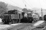 OeBB: Seltene Begegnung in Balsthal im September 1983 zwischen dem ausfahrenden Regionalzug nach Oensingen mit dem Be 2/4 201, 1935 (ehemals BLS Ce 2/4 721) und der Krokodillok De 6/6 15301 aus dem