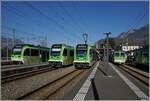 Jede Menge TPC in Aigle: von Links nach Rechts - Der Beh 2/6 542 wartet auf die Abfahrt nach Monthey Ville, der ABeh 4/8 472 als R71 wird gleich nach Les Diablerets abfahren, da der Gegenzug, der ABeh
