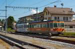 Be 4/4 122 mit Bt 224 der tpf (Transports publics fribourgeois) ist am 28.05.2012 in den Bahnhof Pal�zieux eingefahren, hier ist Endstation der Meterspurigen Gleise, der Strecke Pal�zieux - Bulle -