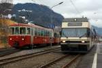 Am 26.02.2012 im Bahnhof Blonay: Auf Gleis 1 (rechts) steht der Be 2/6 - 7001 (Stadler GTW 2/6) der MVR (Transports Montreux–Vevey–Riviera) zur Abfahrt nach Vevey bereit,  links auf Gleis