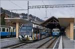 Der von Sarah Morris gestaltete Lenkerpendel  Monarch , bestehend aus ABt 341, Be 4/4 5001 und Bt 241, und ein MOB ABDe 8/8 in Zweisimmen.