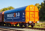Vierachsiger Drehgestell-Flachwagen mit verschiebbarem Planenverdeck und Lademulden f�r Coil Transporte, 37 84 4680 269-6 NL-WASCO, der Gattung Shimmns-ttu, der WASCOSA AG, abgestellt am 19.09.2020 in