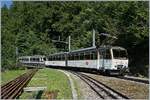 Der Rocheres de Naye Beh 4/8 305 und ein weiterer Beh erreichen auf der Fahrt nach Montreux den Halt Le Tremblex.