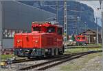 Während im Bahnhof von Meiringen im Hintergrund der Tm 106 002 rangiert, zeigt sich im Vordergrund die moderne Diesellok HGm 2/2 104 003-9 der zb.