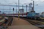 E – Lok 210 064-2 zieht einen Zug mit der abgeb�gelten Lok 362 015-0, aus der Abstellung in den Bahnhof von Bratislava.