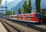 Zwei gekuppelte dreiteilige sehr neue MGB ABeh 8/12 „ORION“ Niederflurtriebz�ge mit Zahnrad- und Adh�sionsantrieb erreichen am 11 September 2023, als MGB R 43 (525) von Andermatt nach
